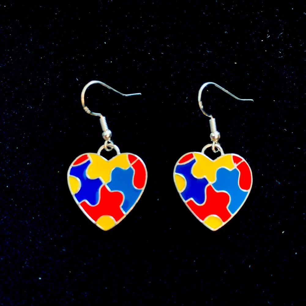Autism Awareness Heart puzzle silver dangle earrings